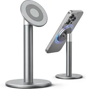 Magnetic Full Aluminum Cell Phone Stand with 2 Metal Rings 360 Rotating Phone Stand for Desk Office Accessories Adjustable Phone Holder Compatible with All Phones MagSafe Case Gray