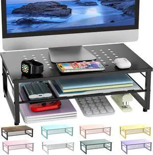 Desk Organizers and Accessories 2-Tier Metal Monitor Stand Riser Desk Organizer for Monitor Office Desk Storage Organizer for Office Supplies (Black)