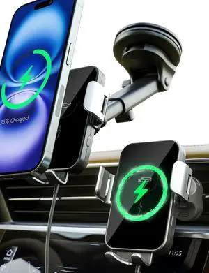 PwrUp Auto 15W Qi Fast Wireless Charging Car Mount Dashboard Windshield Air Vent Cell Phone Charger Cellphone Holder