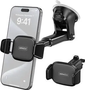 Upgraded Car Phone Holder [True One-Hand Operation] Strong Suction Cup Dashboard Windshield Mount with Anti-UV Film Adhesive Pad & Air Vent Hook Easy Place & Pick