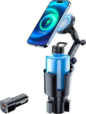 for Magnetic Cup Holder Charger 360° Rotating Wireless Magnetic Car Charger Fast Charging Phone Holder for iPhone 16 15 14 13 12 and  Galaxy S20 Above Series [with QC 3.0 Adapter]