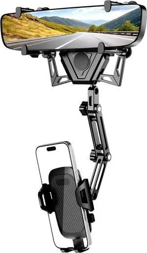 Phone Holder for Car Truck Aluminum Alloy Rear View Mirror Phone Holder 360° Rotating Car Phone Holder Mount Compatible with iPhone 16/15/14/13/12 Series and  All 4-7 Inch Cell Phones
