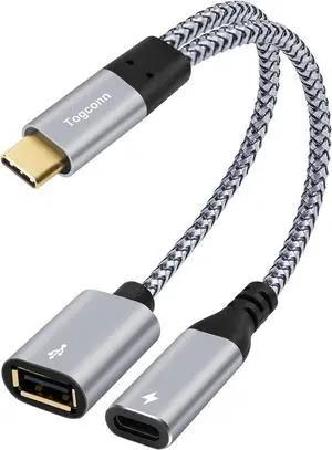 USB C to USB OTG Adapter and PD Charger Splitter Y Cable 2 in 1 USB Type-C to USB Female OTG Port and PD 60W Fast Charging Cable for iPhone 15/15 Pro Max MacBook Pro Air Galaxy S24 Pixel 7