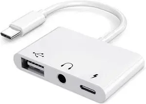 USB C to USB OTG Adapter 3 in 1 AUX to USB C Adapter with 3.5mm Headphone Jack + OTG + 60W PD Fast Charging Port Compatible with iPhone 15/16 iPad Pro MacBook and More