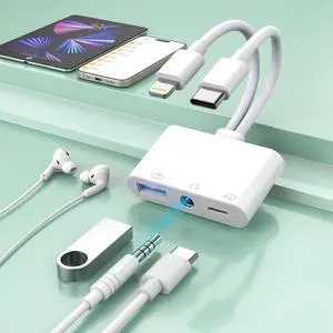 Lightning + USB C to Aux Audio Headphone Jack Adapter Multi USB OTG Camera Adapter+3.5mm Earphone Jack+Type-C Earphone/Charge Port Phone Splitter for iPhone 15/14/13  iPad  Flash Drive