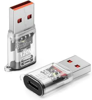 USB to USB C Adapter OTG with 120W Fast Charging Type C Female to Type A Male Transparent Adapter for Laptop MacBook U Disk Hard Drive 2-Pack Transparent