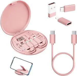 USB Adapter Micro USB Charging Cable with USB C Lightning Adapter Lightning to USB C Adapter Multi Charging Cable Storage Box Contains SIM Card Holder Pink