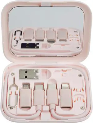 USB C to C Charging/Data Transfer Cable with Type C to Micro/iOS/USB A adapters OTG in Pocket Box with Makeup Mirror Pink