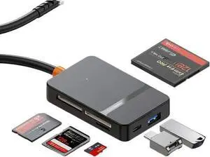 High-Speed 6-in-1 USB 3.0/USB-C OTG Card Reader - 104MB/s CF/SD/TF/MS Adapter with Dual Ports & LED | Mac/PC/Android