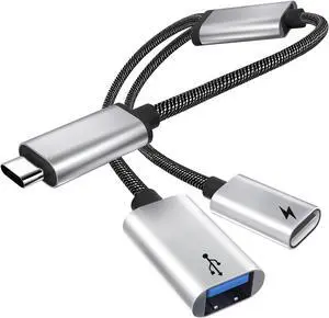 USB C Splitter Cable USB 3.0 OTG + USB to USB-C Headphones Adapter 2 in 1 OTG Adapter Type C Microphone Connect Dongle for iPhone 16 15 Pro Max MacBook iPad Galaxy Pixel Printer Keyboard