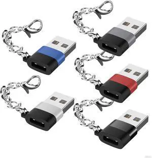 USB C Female to USB Male Adapter 5-Pack Keychain Type C to USB-A Charger Converter OTG Data Transfer for Watch 7-9 iPhone 12-16  Galaxy S9-S25 A53 A54 AirPods iPad and More - Multicolored