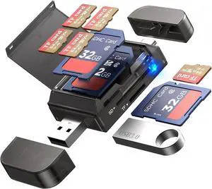 6-in-1 SD/TF Card Reader Adapter with USB A & Type C Port & USB 3.0 Slots for Micro SD/SDHC/SDXC/MMC Memory Cards Compatible with PC MacBook Chromebook Android Phone i-Phone