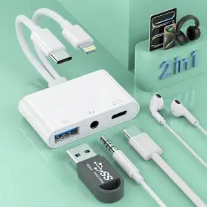 2-in-3 Lightning + USB C to 3.5mm Aux Audio Headphone Splitter Adapter Cable USB OTG Camera Adapter+3.5mm Jack+Type-C Earphone/Charge Port Phone Splitter for iPhone 15/14/13  iPad