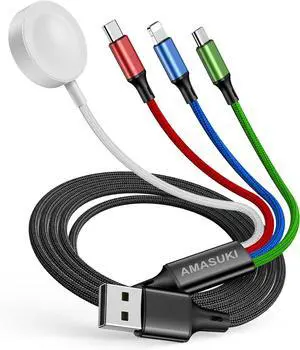Travel 4 in 1 iWatch & iPhone Charger Multi Charging Cable for  Watch Charger USB C Micro Nylon Compatible with iWatch Ultra/SE/10/9/8/7/6/5/4/3/iPhone 16/15/14/13 Galaxy Phone(4FT)