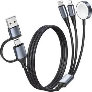 3 in 2 Multi Charging Cable for  Watch Charger Nylon Braided 4FT Multi Chargers for All Devices USB C Multiple Charger Cord Compatible with iPhone 16 15 14/iWatch UItra/SE/9-1/Galaxy Android