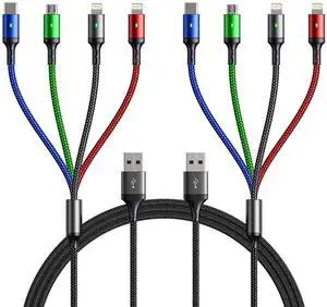 Multi Charging Cable(2Pack 6FT) 4 in 1 Charger Cable Braided Multiple USB Cable Universal Phone Charging Cord with Type-C Micro USB IP Port for iPhone16/15/14/13 Series/Cell Phones and More