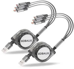 Multi Charging Cable 3A USB A to 3 in 1 Retractable IP/Type C/Micro Port Fast Charger Cord for iPhone 16 15 14 13 12 Pro Max Galaxy S23/S22/S20 Cell Phones Tablets Universal Use[2Pack 3.3ft]