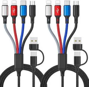6 in 1 Multi Charging Cable Multi Charger Cable [2 Pack 6FT] Braided Multi Fast Charging Cord Multiple Charging Cable USB A/C Connector with IP/Type C/Micro USB Ports for Cell Phone Tablets
