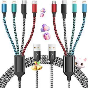 Multi Charging Cable 4 in 1 Charging Cables for Multiple Devices Nylon Braided Universal Charger Phone Charger Cord with 2 IP/USB-C/Micro USB Port for Cellphone/Tablets/More(2Pack 5FT)