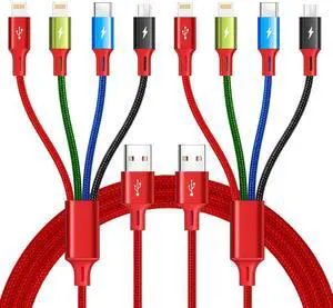 Multi USB Charging Cable 4A 4-in-1 Braided Charging Cord Multi Charger Cord Multiple USB Cable with IP/USB C/Micro Ports Adapter for Cell Phones/Tablets//Pixel/PS/LG and More (2Pack/4Ft)