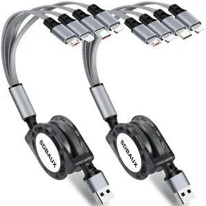 Multi Charging Cable USB A to 4 in 1 Retractable Dual iP/Type C/Micro Port Fast Charger Cord for iPhone 16 15 14 13 12 Pro Max iPad Mini Galaxy S23/S22/S20 Cell Phones Tablets Universal Use (Grey)