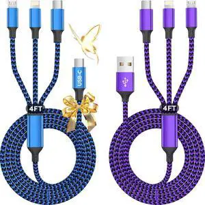 USB A + USB C Multi Charging Cable 3 in 1 Charging Cable Universal Chargers for Multiple Devices Phone Charger Cord with Type C Micro USB IP Ports for iPhone16/15 Series/Cell Phones (2Pack 4FT)