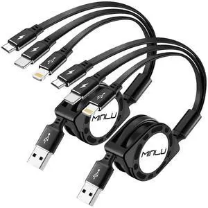 Multi Charging Cable [2Pack 4Ft] 3 in 1 Retractable Fast Charger Cable Multi Charging Cord USB Cable Adapter with Lightning/Type C/Micro USB Port for Cell Phones/iPhone/ Galaxy/Tablets & More