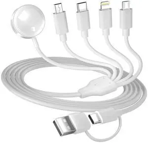 5-in-2 Multi Charging Cable for  Watch Charger: USB A/C Input Lightning/Type C/Micro/Mini B/Wireless Output Compatible with iPhone 15-13 iWatch 1-9 Galaxy S23-22 4FT (White)