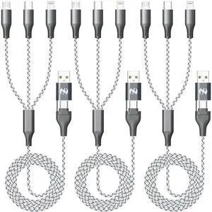 Multi Charging Cable (3Pack 4ft) 3 in 1 Charging Cable Travel Essentials Nylon Braided Cord USB A/C Port iPhone Charger Cord with Type C Micro Lightning USB for  iPhone Android Phone