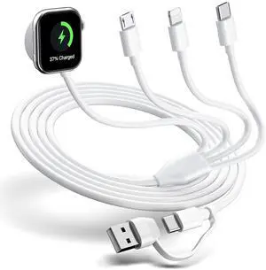 Multi Charging Cable 4 in 2 for  Watch Charger i-Phone Travel 4 in 2 Watch & Phone Charger with iOSPorts/Type C/Micro USB Port Compatible with iWatch/iPhone 16 15/Galaxy Android-6FT