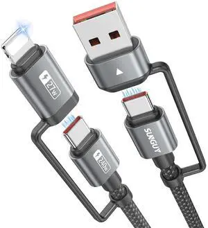 4-in-1 Charging Cable 3FT MAX 240W Multi Charge Cable with Lighting/Type C/USB A Port USB A/Lighting to USB C Cable Adapter for iPhone 16/15/14 Pro Max Galaxy S24 S23 S22 and More