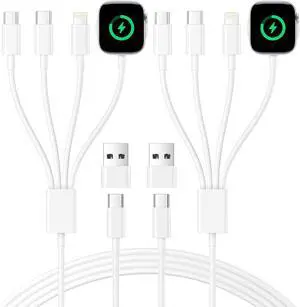 Upgraded 2Pack 4 in 2 Multi Charging Cable for Wireless  Watch Charger for iWatch 9/8/7/6/5/SE/Ultra 4FT iWatch Charger iPhone Fast Charging Cable Cord for iPhone 15/14/13/12/11/X/SE iPad Android