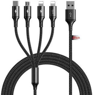 Multi USB Charger Cable 2Pack [4A 10ft ] 4 in 1 USB Fast Charging Cable with IP/Type C/Micro USB Ports Adapter for Phone 14/13/12/11/X/8/7/6//Pixel/HTC/LG///Tablets.