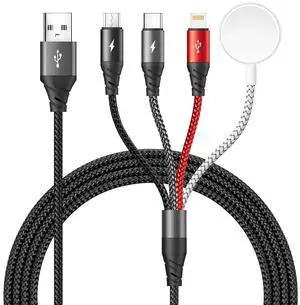 Multi Charging Cable for  Watch Charger 4FT Nylon Braided Multi Chargers for All Devices Travel Essentials Multiple Charger Cord for iWatch UItra/SE/Series 9-1/iPhone 16 15 14/Galaxy/Android