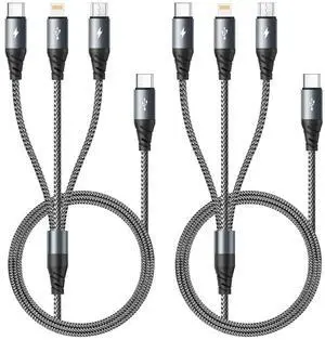 USB C Multi Charging Cable 3A [2Pack 4FT] 3 in 1 Charging Cable Nylon Braided Multiple Phone Charger Cord Fast iPhone Charging Cord with Type-C Micro USB IP Port for iPhone16/15/14/Android and More