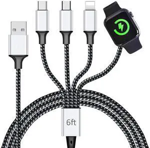 Multi Charging Cable for  Watch Magnetic Wireless Charger 4 in 1 Nylon Braided Cord for Multiple Devices USB C/Micro Port/Compatible with iWatch Series 10-1/iPhone 16 15 14/iPad/Android - 6FT