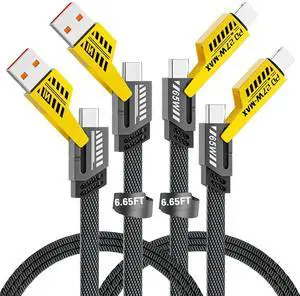 2Pcs 4 in 1 Fast Charging Cable 6.65 Ft Transferring Data Braided Cable 65W USB C USB A and IP Multiple Charging Cable for Phone/Pad/More