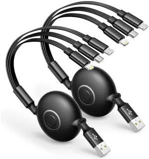 Multi Charging Cable 3A Retractable Multi Charging Cord 3 in 1 Fast Charger Multiple Charger USB Cable with Lightning/Type C/Micro USB for Cell Phones/IP/Galaxy/PS/Tablets/iPads