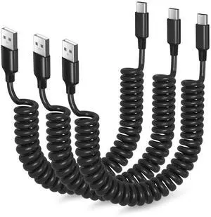 Coiled USB C Cable for Car 3ft Retractable Car Charger Type C Fast Charging Cord 60W 3A for iPhone 16 15 Pro Max Carplay Galaxy S25 Ultra S24 FE A15 A54 A35 A16 Android Phones 3Pack