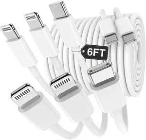 3 in 1 Multi i-Phone Charger Cable 6FT USB C to Lightning Cable with 3 Ports for iPhone 16/15/14/13/12/11 Pro Max/XS/XR/8 & iPad Pro/Mini/  Fast Charging Cord (2-Pack White)
