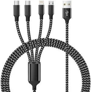 Multi Charging Cable Dual Type-C Multiple Charger Cable Nylon Braided 4 in 1 Multi USB Cable Charging Cord with IP/Type C/Micro USB Ports for Cell Phones/iPhone/Tablets/ Galaxy & More-1Pack 5Ft