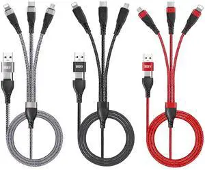 USB A/C to Multi Charging Cable 4ft 3Pack Universal 6-in-1 USB Cellphone Cables Multiple Charger Cord with Phone/Type C/Micro USB Connectors for Laptop/Tablet/Phone(Gray Black Red)