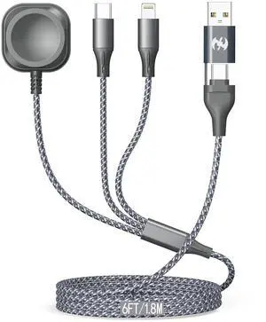 Multi Charging Cable for  Watch Charger 6FT Nylon Braided USB Lightning Type C USB C Cord iWatch Magnetic Wireless Charger 3 in 1 Charging Wire for  iPhone Android Phone and iWatch