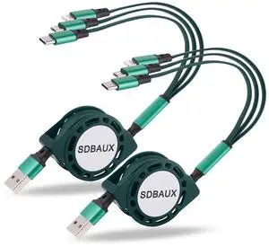 Multi Charging Cable USB A to 3 in 1 Retractable IP/Type-C/Micro Port Fast Charger Cord for iPhone 16 15 14 13 12 Pro Max Mini Galaxy S24/S23 Cell Phones Tablets Universal Use2Pack/Green