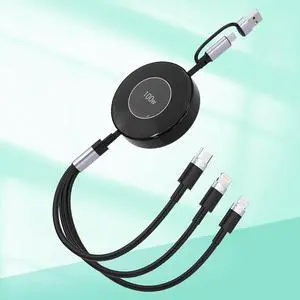 USB C Retractable Multi 5-in-1 USB A/Type C to Lightning+USB C+Micro iPhone Charging Cable 100W+27W+10W PD Fast Multiple Charger Cord for iPhone 15 14 13 12/ S23/iPad Pro/MacBook-Black