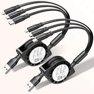Retractable Multi Charging Cable - 3A [2Pack 3ft] 3 in 1 Fast Charger Cord with Lightning/Type C/Micro USB Ports Retractable Car Charger for iPhone iPad  Tablets More(Charging Only)