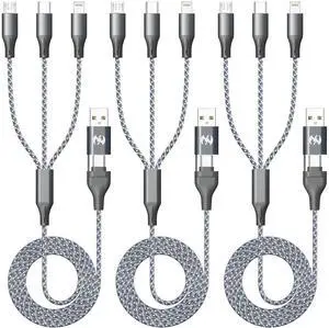 Multi Charging Cable (4ft 3Pack) 3 in 1 Charging Cable Nylon Braided Cord USB A/C Port Multiple iPhone Charger Cable with Type C Micro Lightning USB for  iPhone Android Phone
