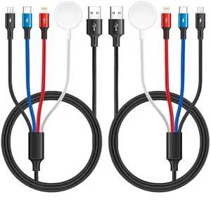 Upgraded Multi Charging Cable 3.5A 6Ft 4 in 1 Braided Multi Fast Charging Cord with Lightning/Type C/Micro port for  Watch Charger Magnetic Wireless iWatch UItra/SE/Series 9-1/iPhone 15 14/Galaxy