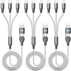 Multi Charging Cable 3 in 2 Charging Cable 3PACK 4FT USB A/C Multi Phone Charger Cables for Multiple Devices USB C/Micro USB/Type C/IP Lightning for iPhone16-5/Pro/Plus/Cell Phones Tablet Pad