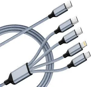 USB C Multi Charging Cable [1Pack 5FT] 4 in 1 Charging Cable Nylon Braided USB-C Multiple Charger Cord with Micro USB IP Port and 2 Type C Adapter Port for iPhone 16/15 Series/Cell Phones and More
